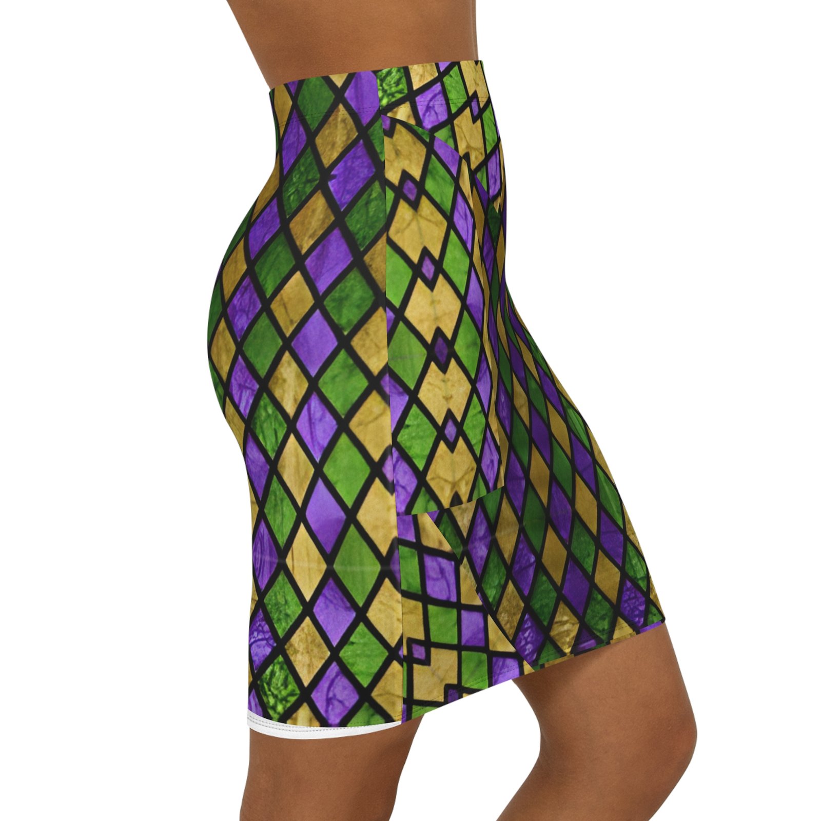 Mardi Gras Harlequin Diamond, Purple, Green Print Pencil Skirt -KL