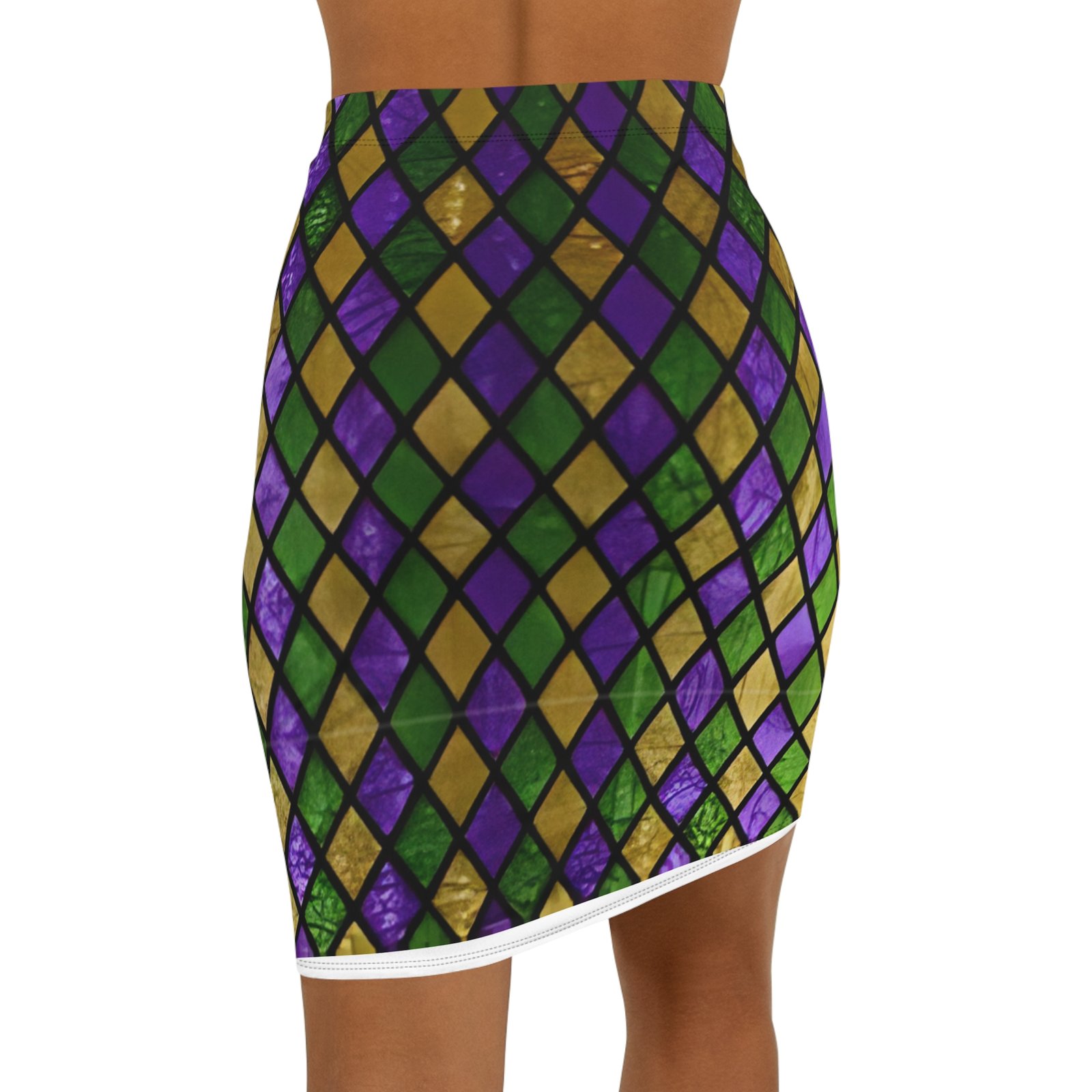 Mardi Gras Harlequin Diamond, Purple, Green Print Pencil Skirt -KL