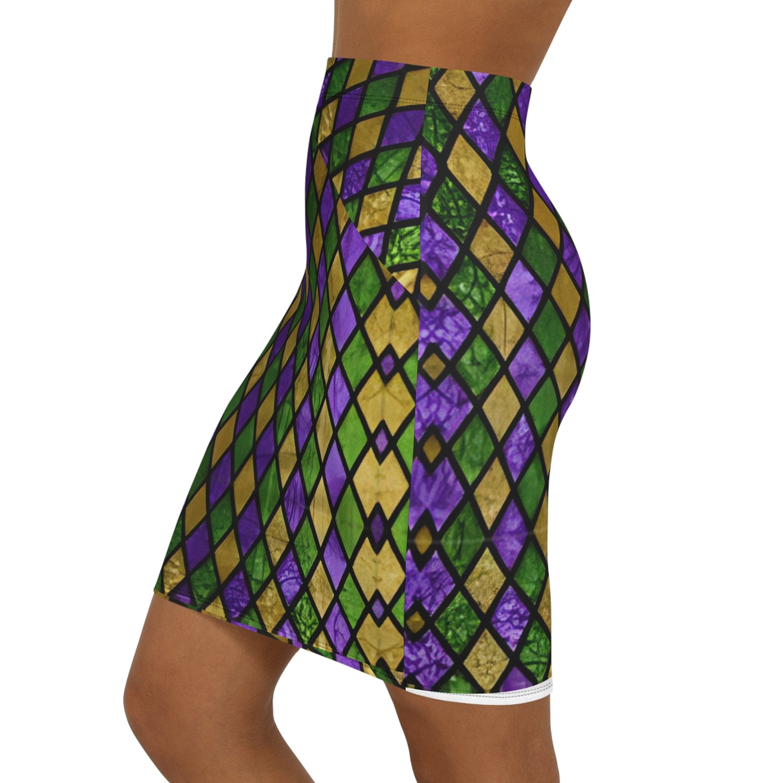 Mardi Gras Harlequin Diamond, Purple, Green Print Pencil Skirt -KL
